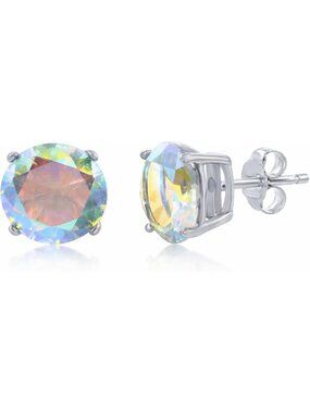 Iridescent Aurora Borealis CZ Stud Earrings – Sterling Silver Unique Gift for